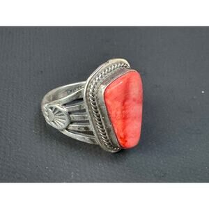 Vintage Sterling Silver Red Coral Ring, Southwest Style, Size 6.5